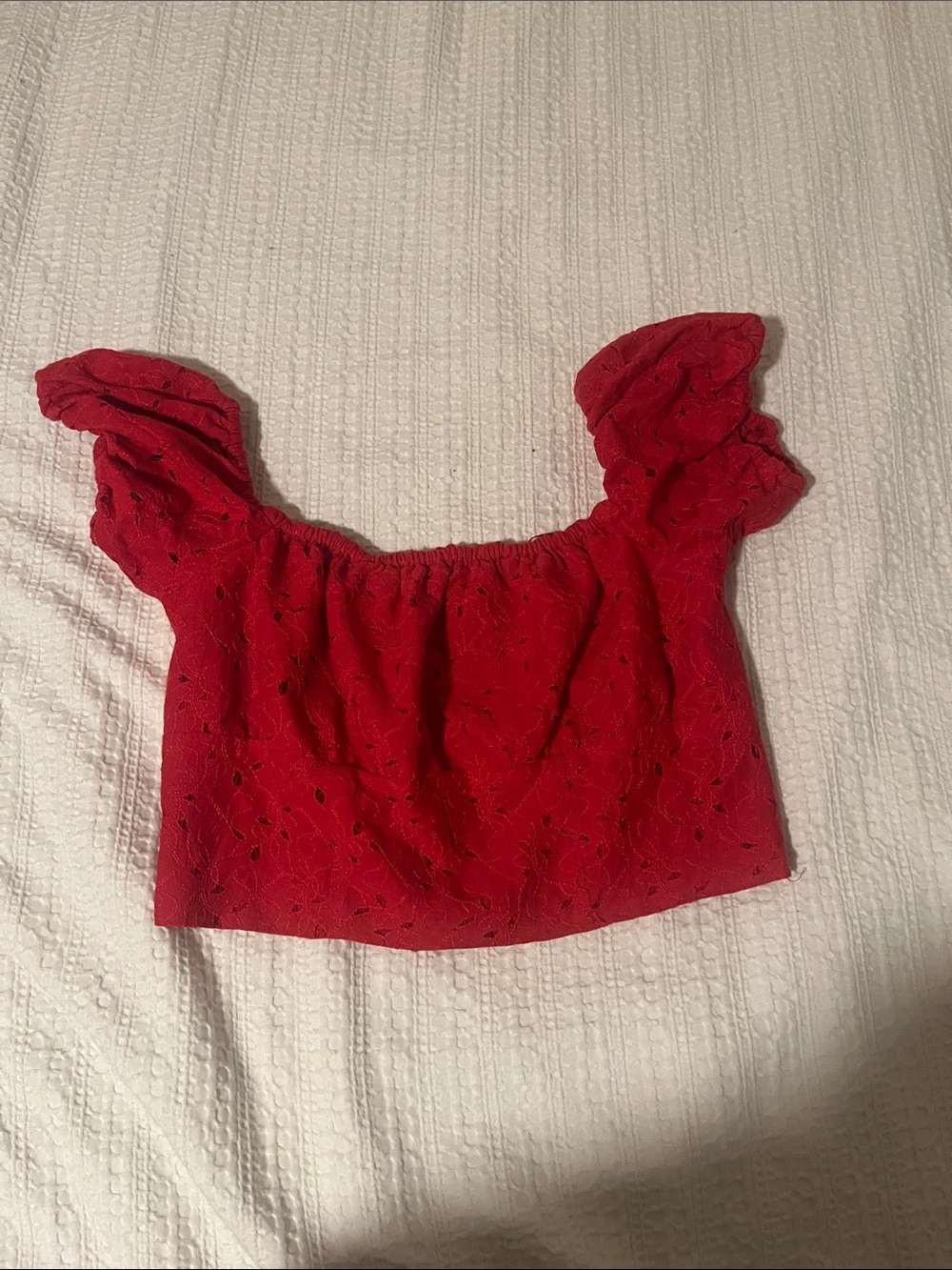 KEEPSAKE the Label Red Eyelet Off-Shoulder Ruffle Crop Top